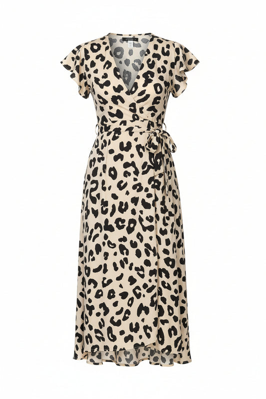 Vestido midi cruzado con cinturón, manga corta y estampado de leopardo negro y crema