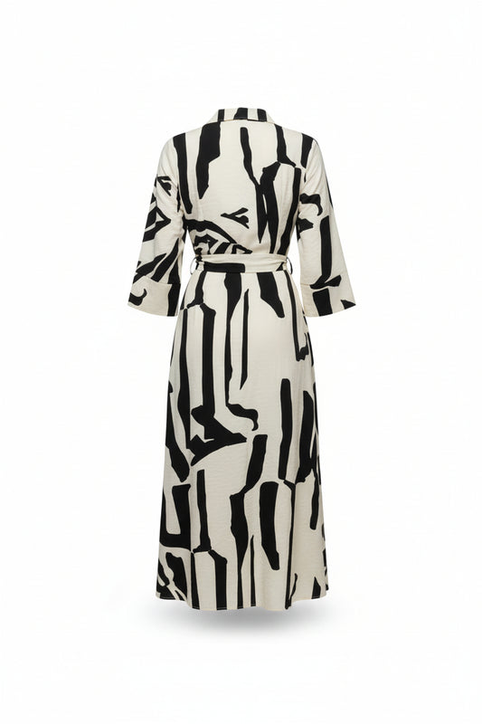 Vestido midi con estampado abstracto en negro y crema y manga 3/4
