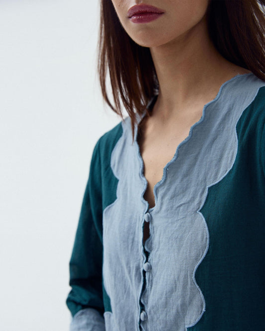 Blusa Manga Francesa Contraste Petróleo