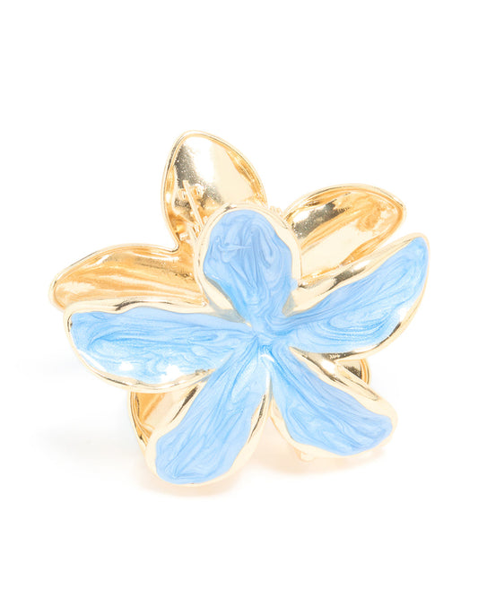 Pinza para el pelo con flor de frangipani esmaltada en azul claro y dorado