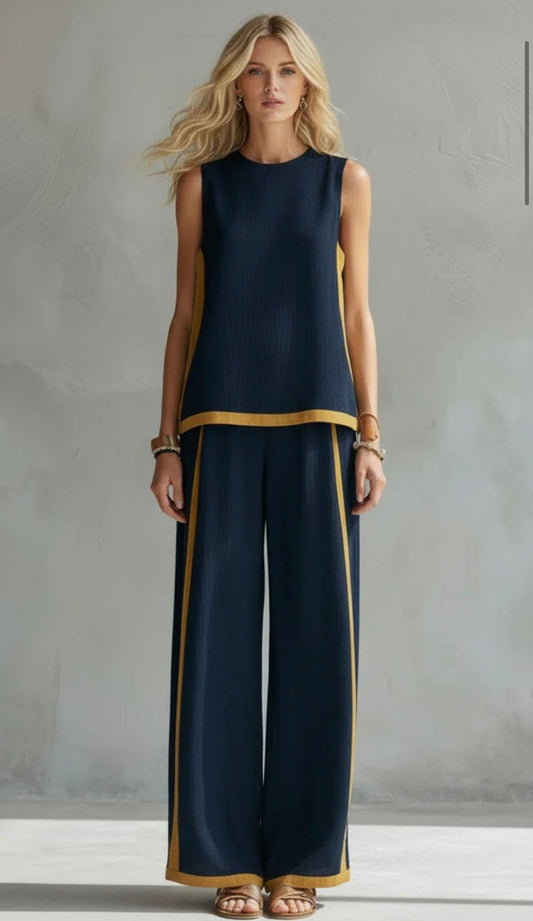 Arenia – Ribete en contraste en lino y algodón, conjunto de chaleco y pantalones