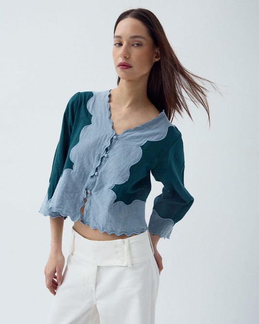 Blusa Manga Francesa Contraste Petróleo