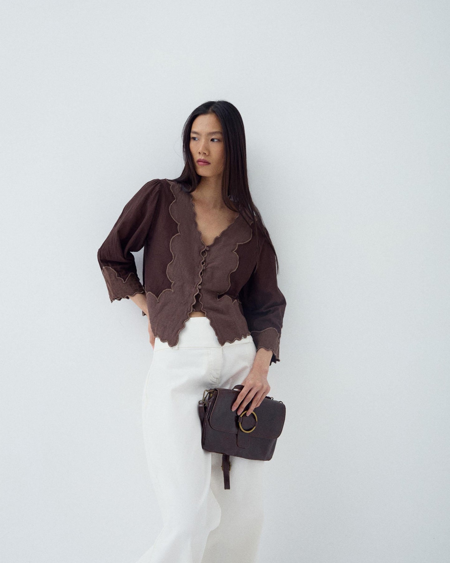 Blusa Manga Francesa Contraste Marrón