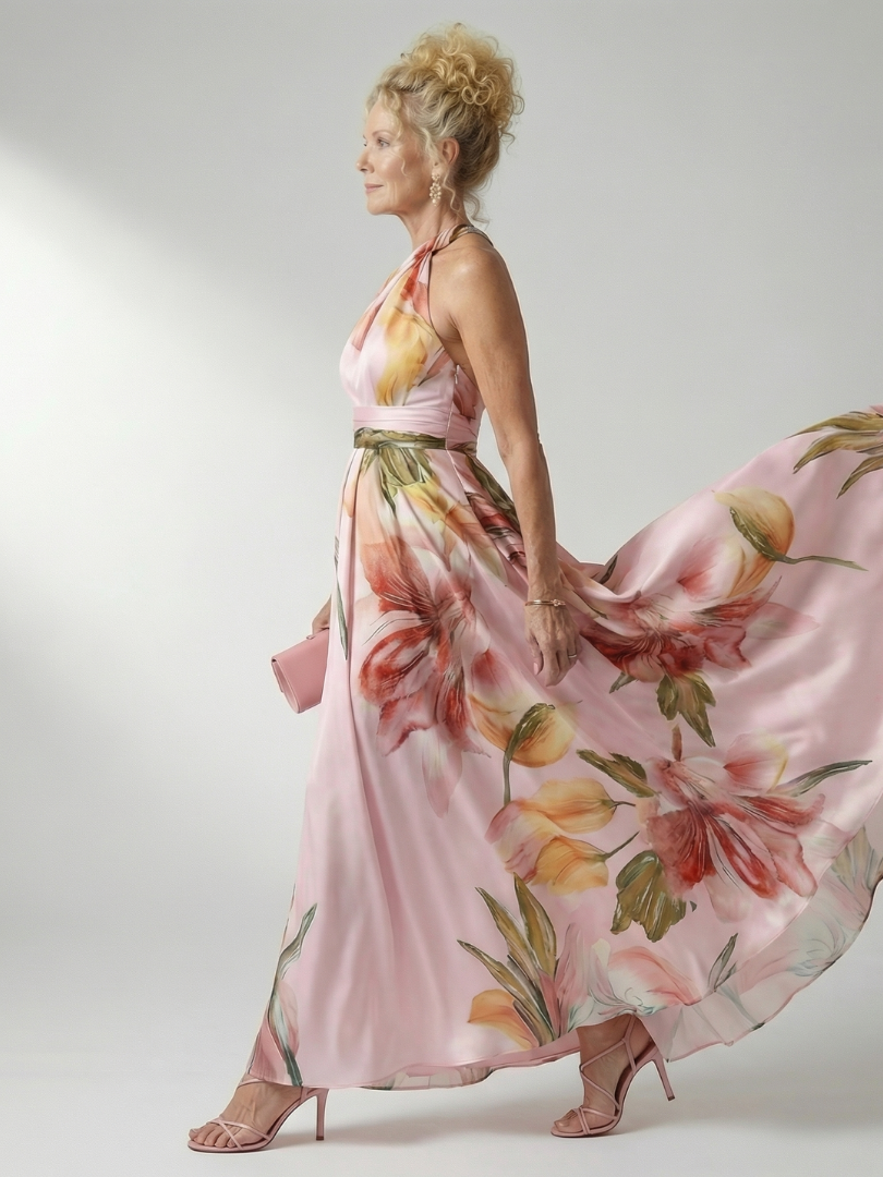 Mevara – Cuello halter en estampado floral, vestido maxi