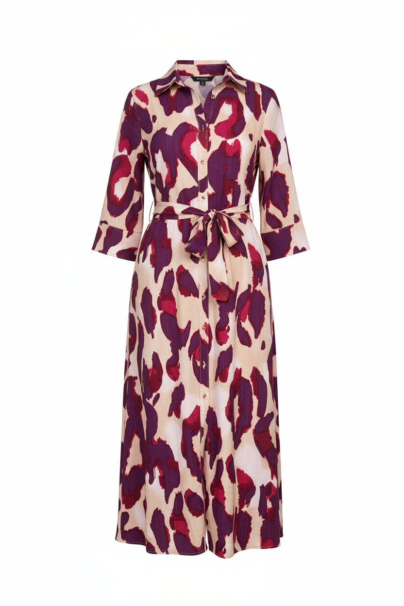 Vestido midi con estampado animal en morado y crema y manga 3/4