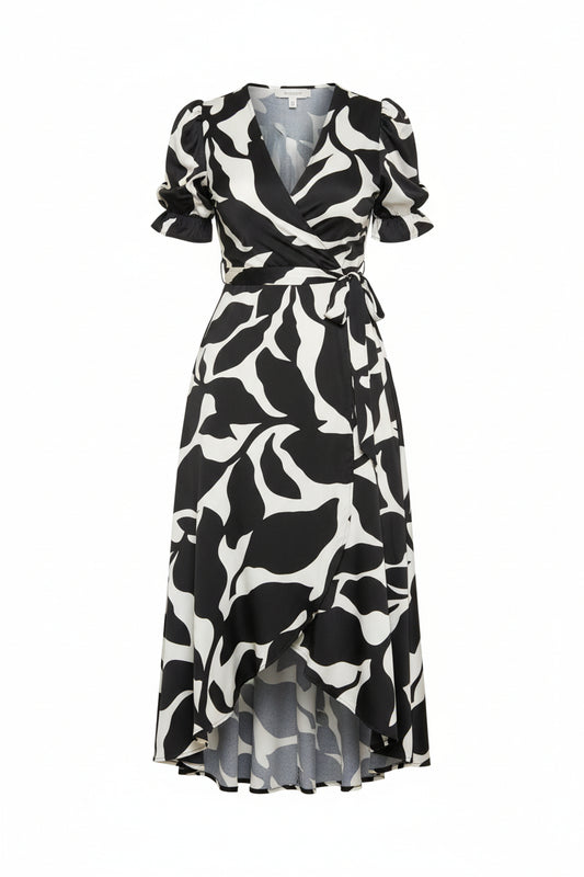 Vestido midi cruzado con estampado de hojas en blanco y negro y mangas abullonadas