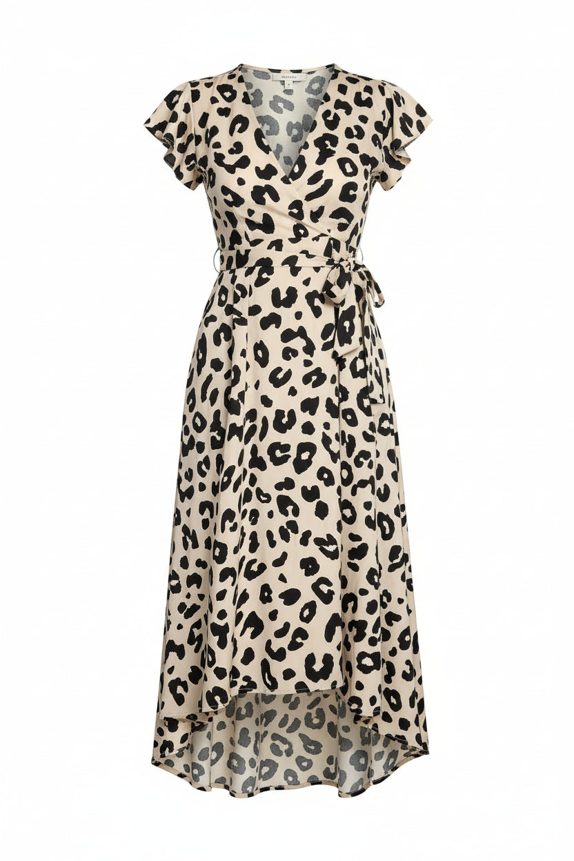 Vestido midi cruzado con cinturón, manga corta y estampado de leopardo negro y crema