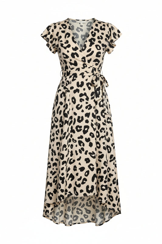 Vestido midi cruzado con cinturón, manga corta y estampado de leopardo negro y crema