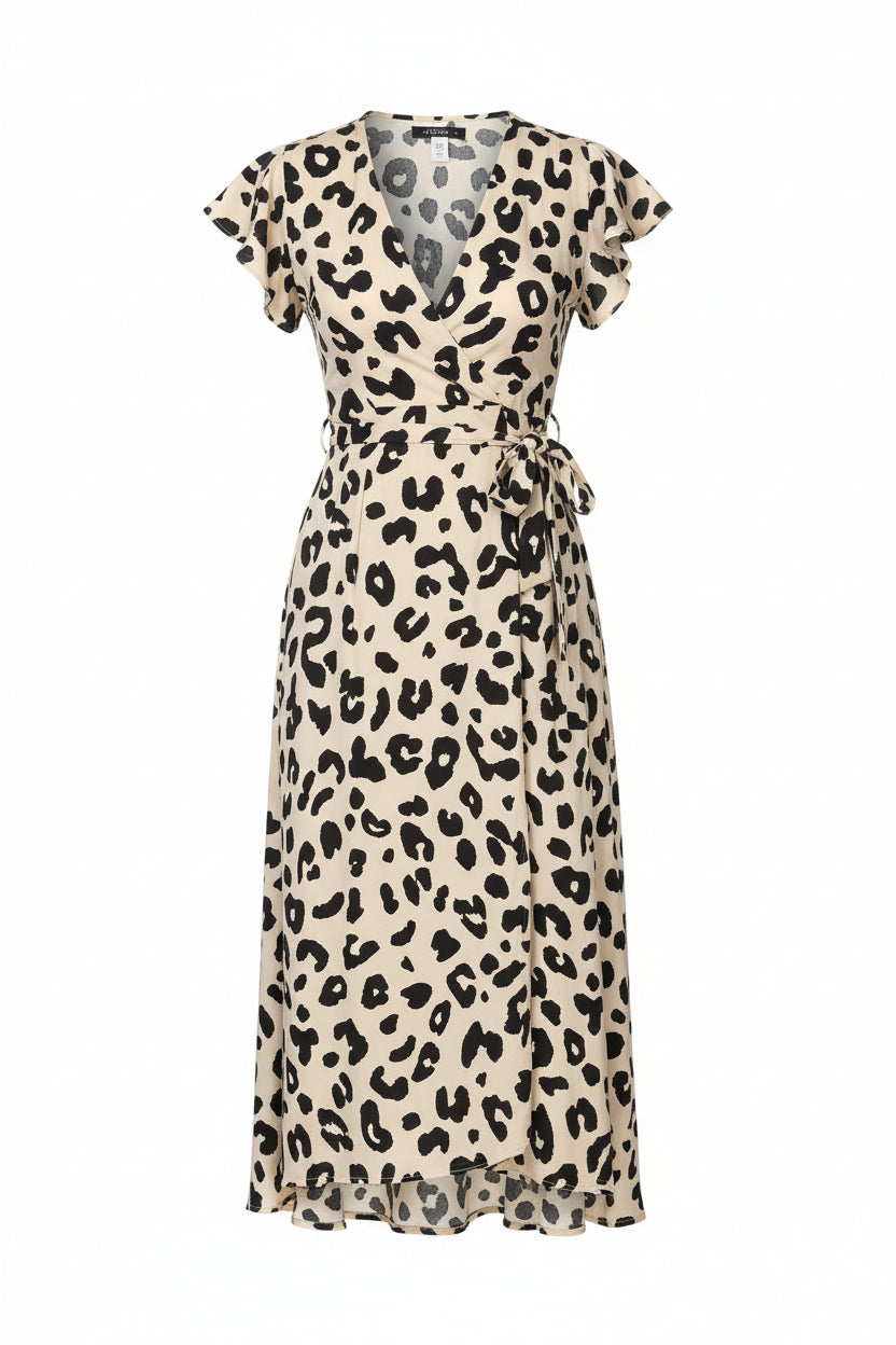 Vestido midi cruzado con cinturón, manga corta y estampado de leopardo negro y crema