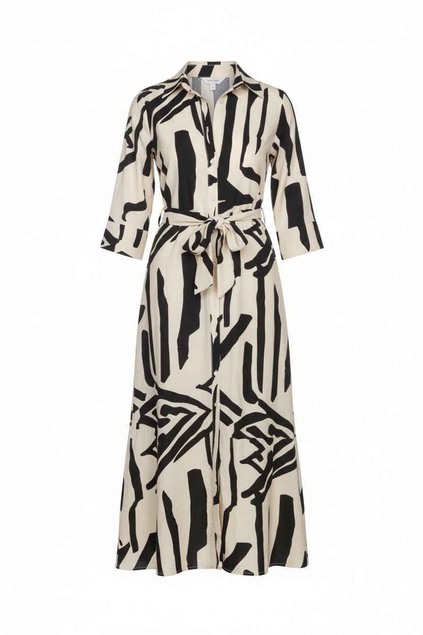 Vestido midi con estampado abstracto en negro y crema y manga 3/4