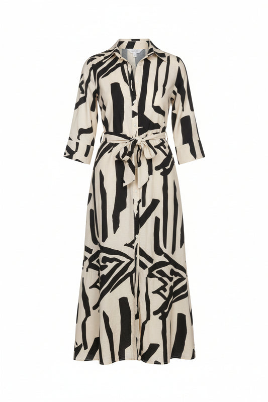 Vestido midi con estampado abstracto en negro y crema y manga 3/4