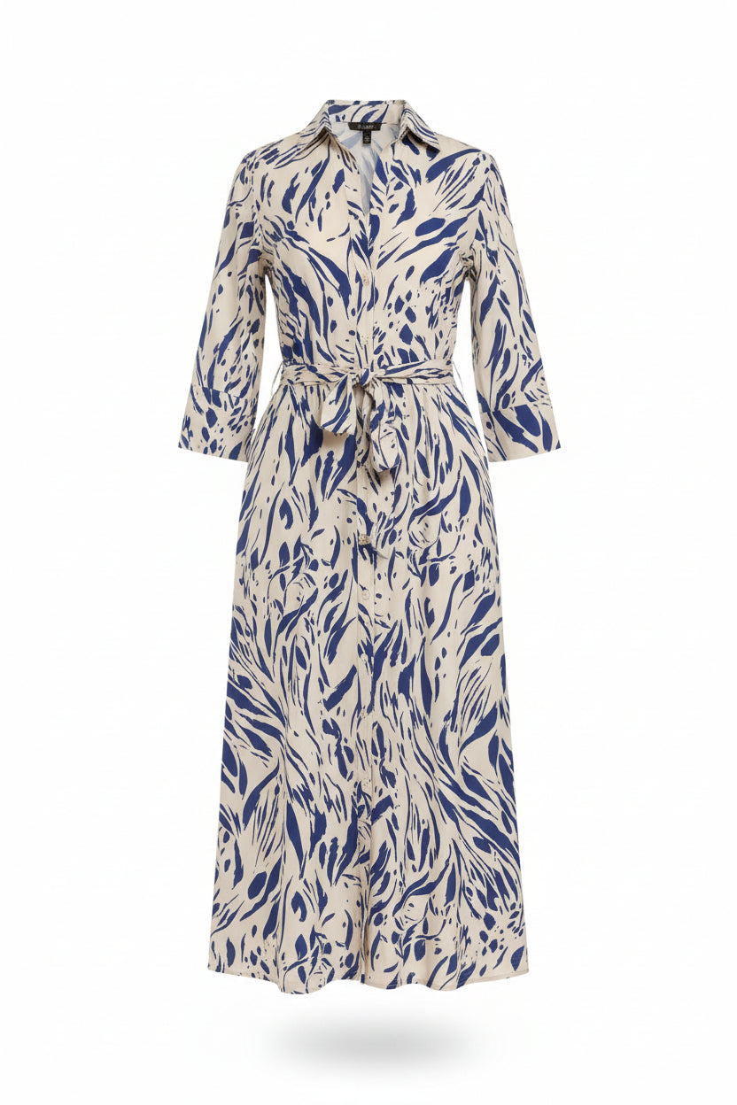 Vestido midi con manga 3/4 y estampado de pinceladas en azul y crema