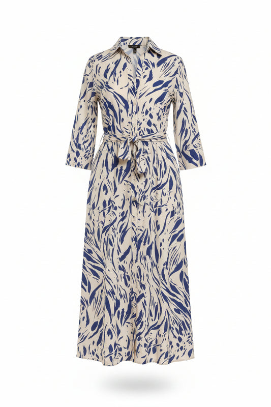 Vestido midi con manga 3/4 y estampado de pinceladas en azul y crema