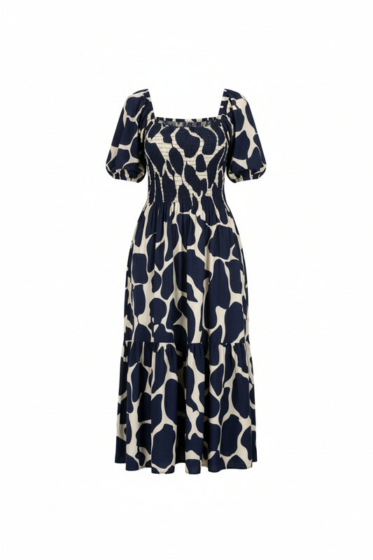 Vestido midi con mangas abullonadas y estampado abstracto en azul marino y crema