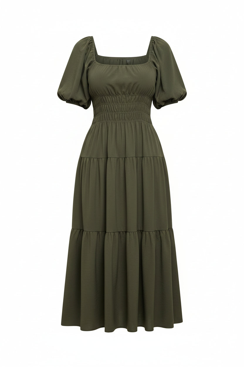 Vestido midi caqui con mangas abullonadas, cintura fruncida y smock.