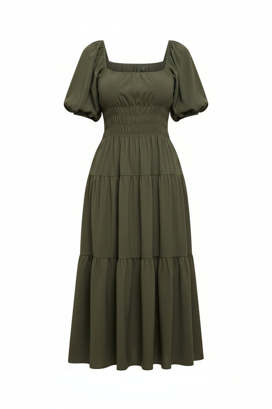 Vestido midi caqui con mangas abullonadas, cintura fruncida y smock.