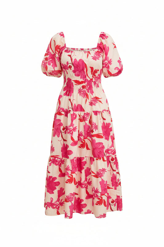 Vestido midi con mangas abullonadas y estampado floral en rosa y crema