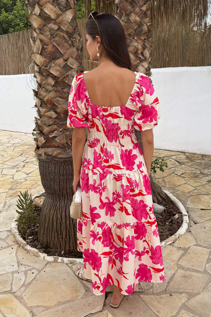 Vestido midi con mangas abullonadas y estampado floral en rosa y crema