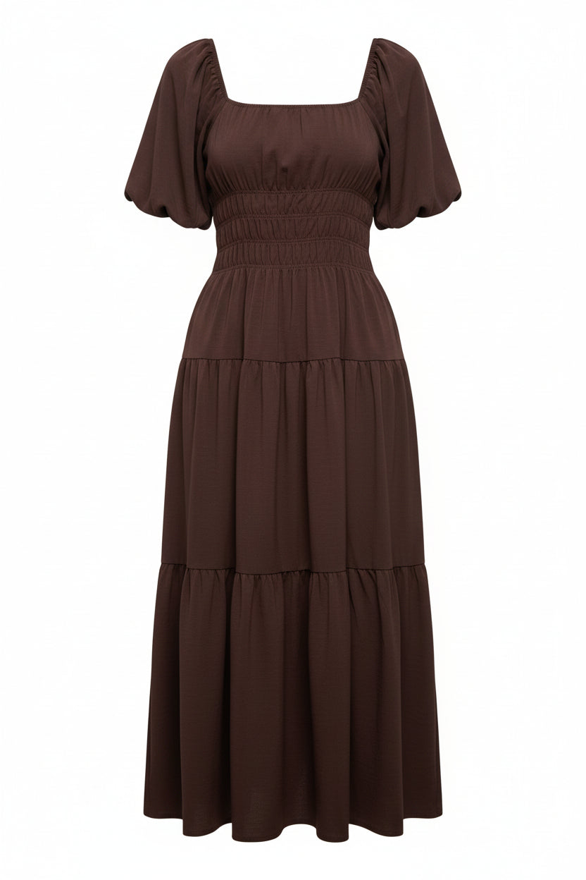 Vestido midi con mangas abullonadas de chocolate, cintura fruncida y smock.