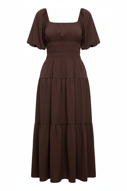 Vestido midi con mangas abullonadas de chocolate, cintura fruncida y smock.