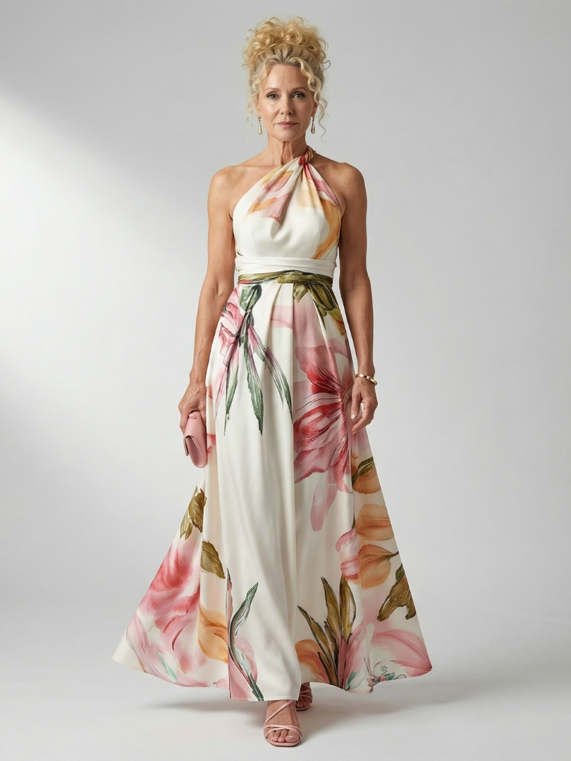 Mevara – Cuello halter en estampado floral, vestido maxi