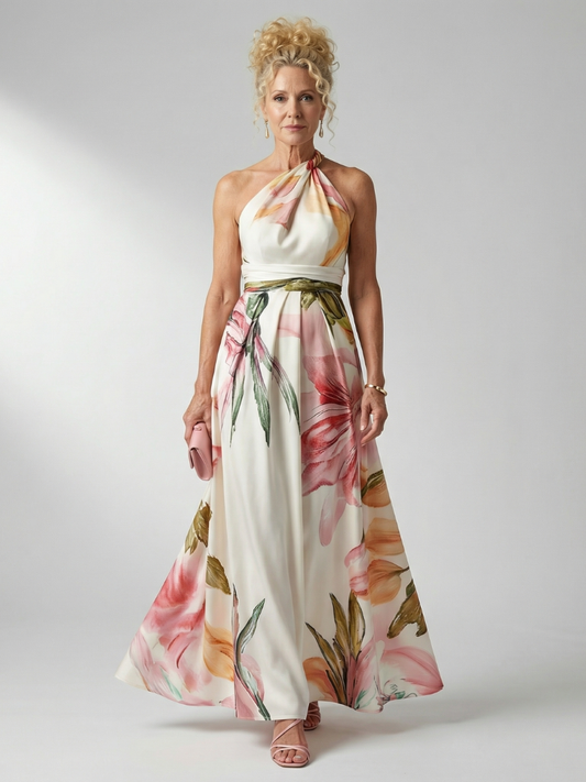 Mevara – Cuello halter en estampado floral, vestido maxi Blanco