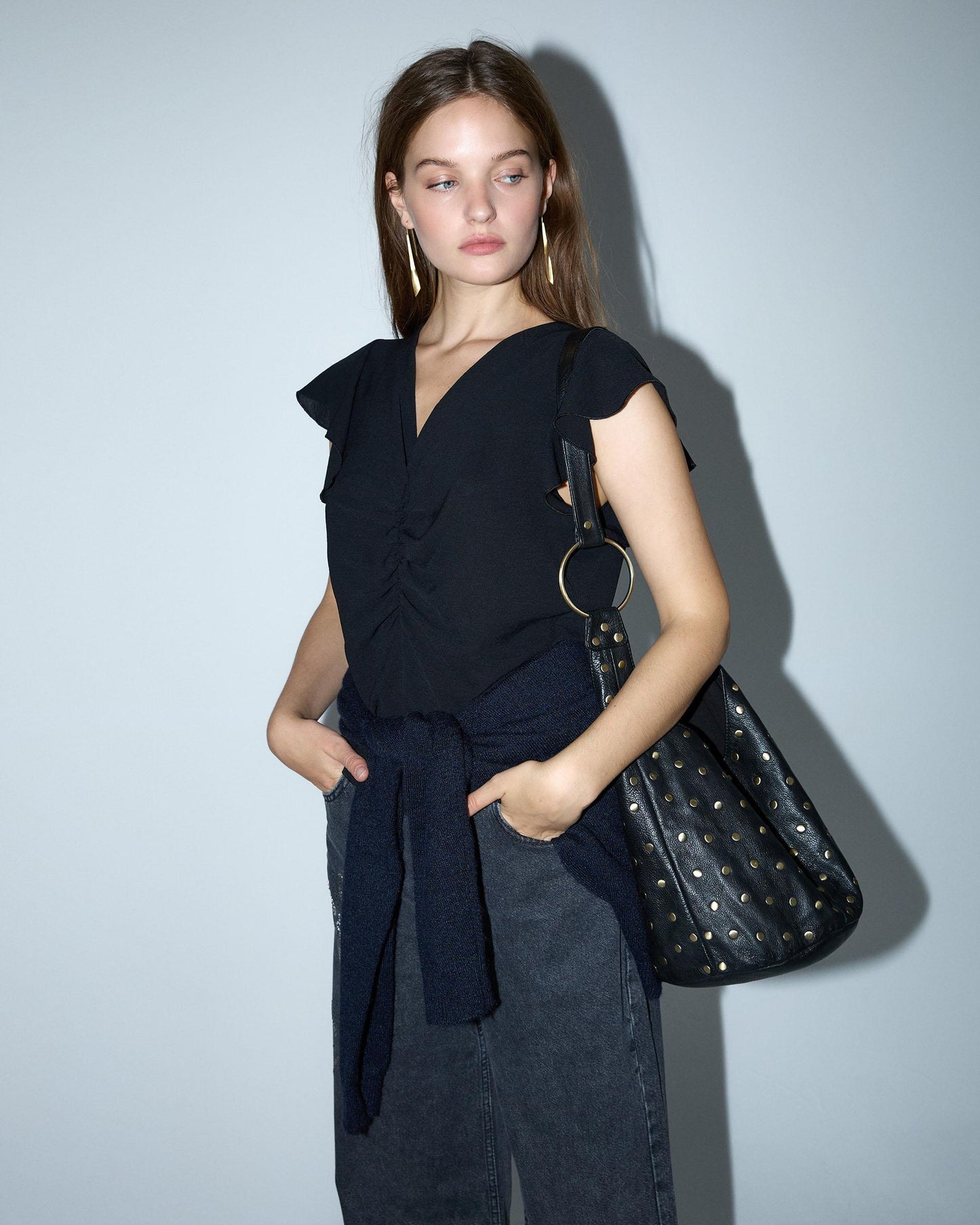 Blusa Manga Corta Frunce Negro