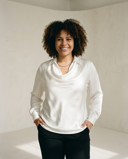 Cuello drapeado de satén, blusa Blanco