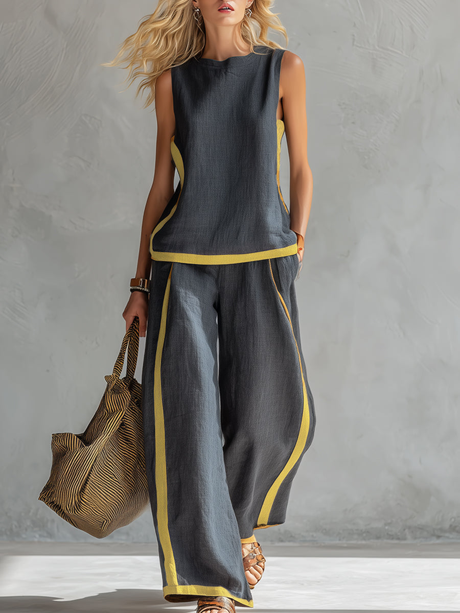 Arenia – Ribete en contraste en lino y algodón, conjunto de chaleco y pantalones