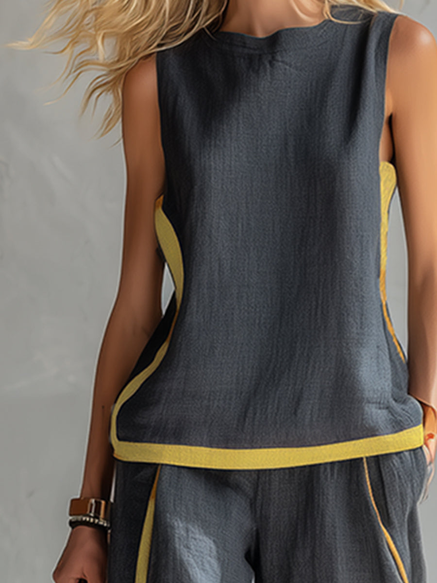 Arenia – Ribete en contraste en lino y algodón, conjunto de chaleco y pantalones