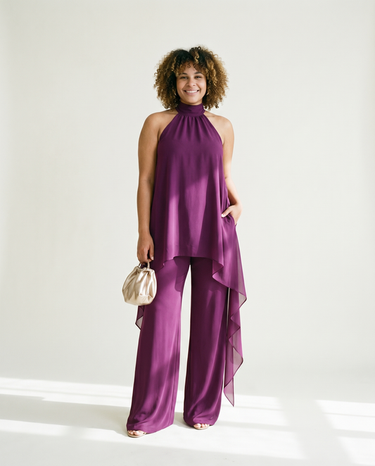 Cuello halter en traje de pantalón