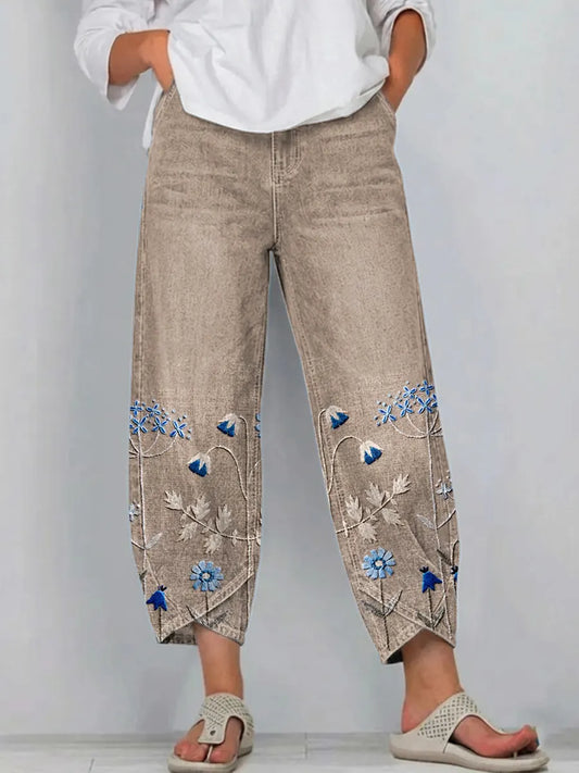 Anvera – Pantalones de algodón bordados Caqui (Casi agotado)