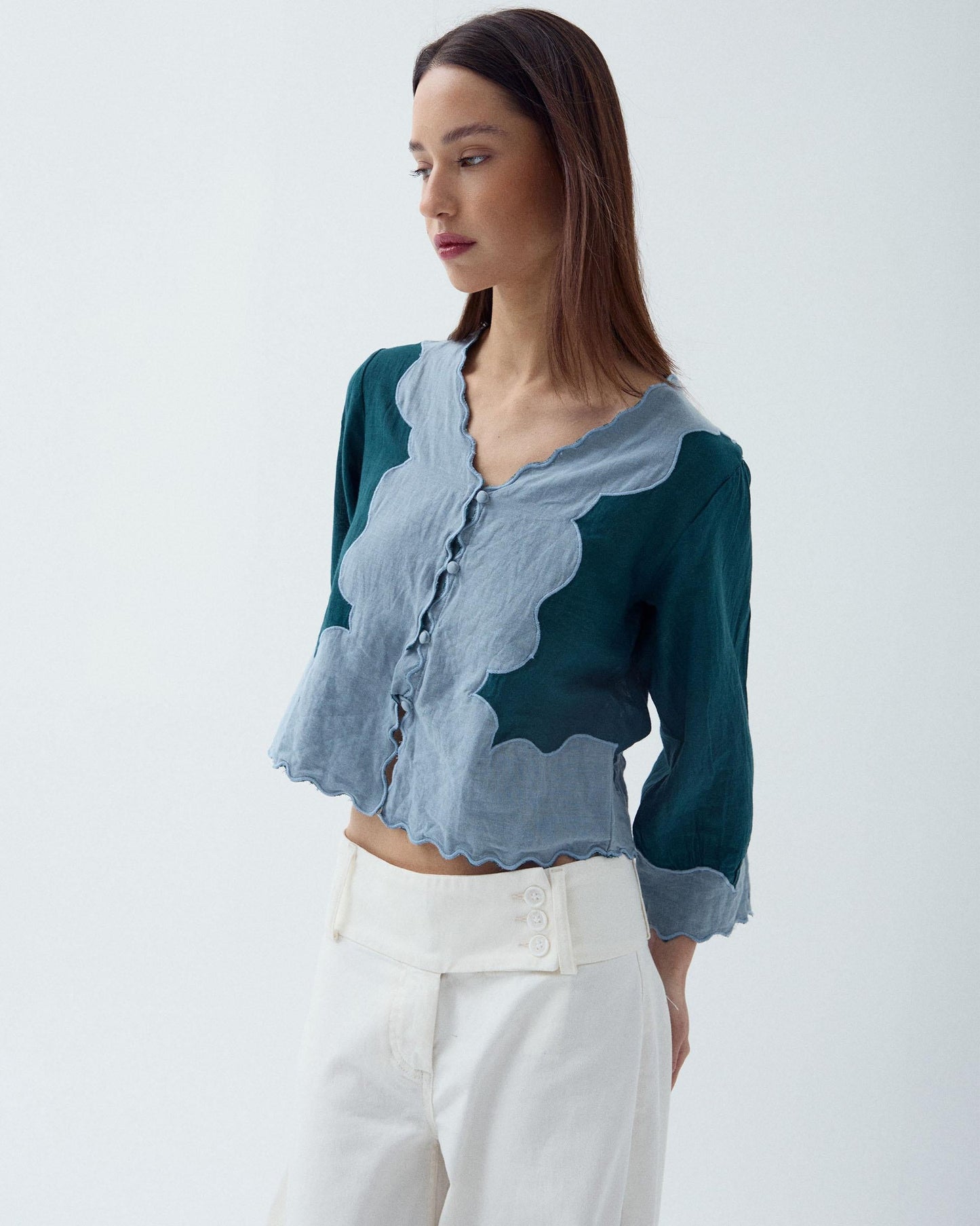 Blusa Manga Francesa Contraste Petróleo