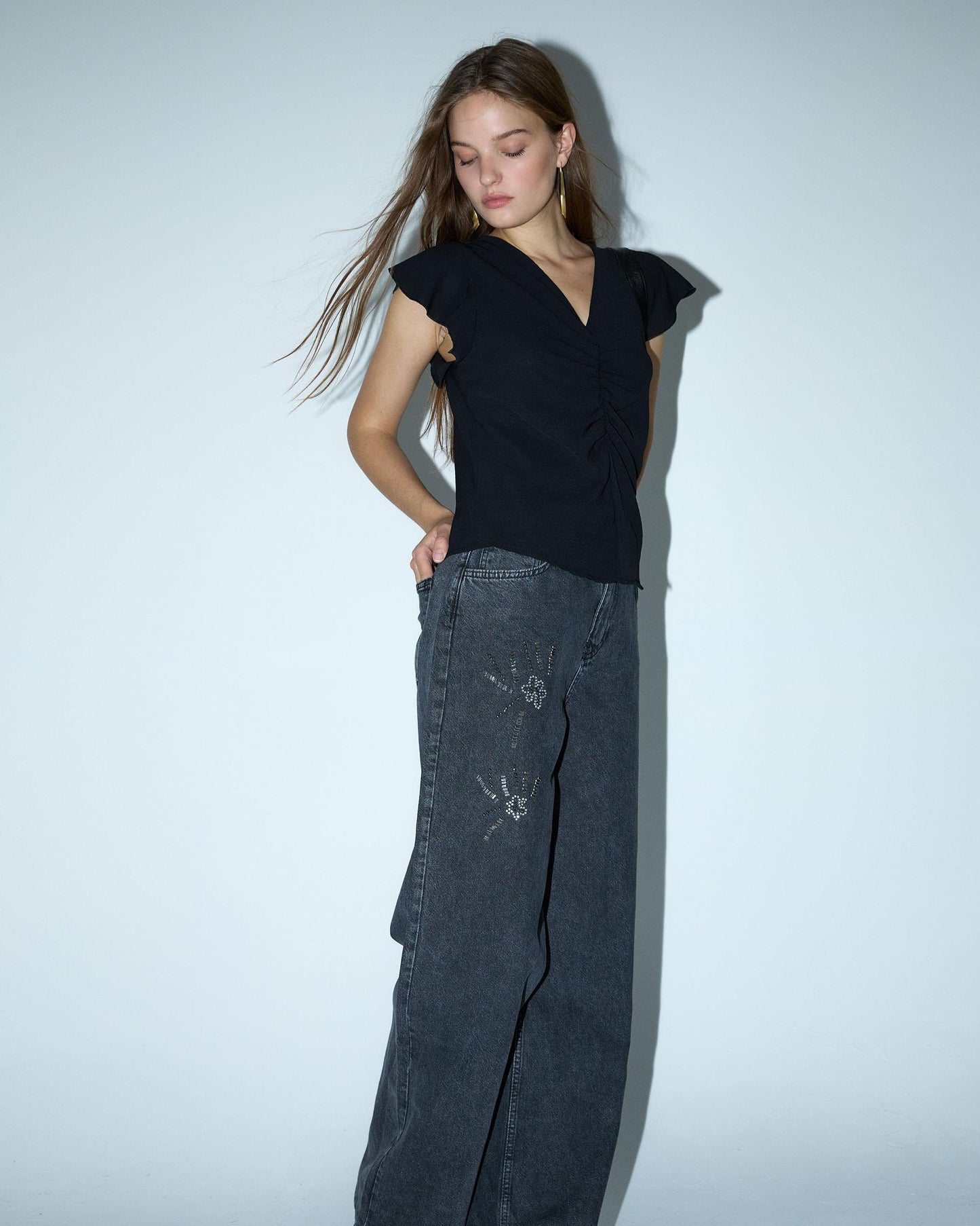 Blusa Manga Corta Frunce Negro