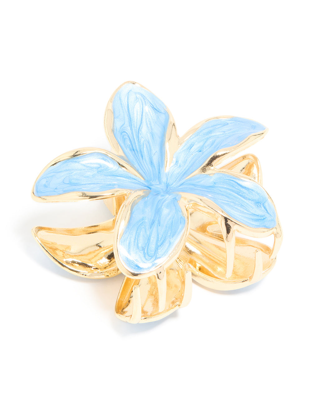 Pinza para el pelo con flor de frangipani esmaltada en azul claro y dorado