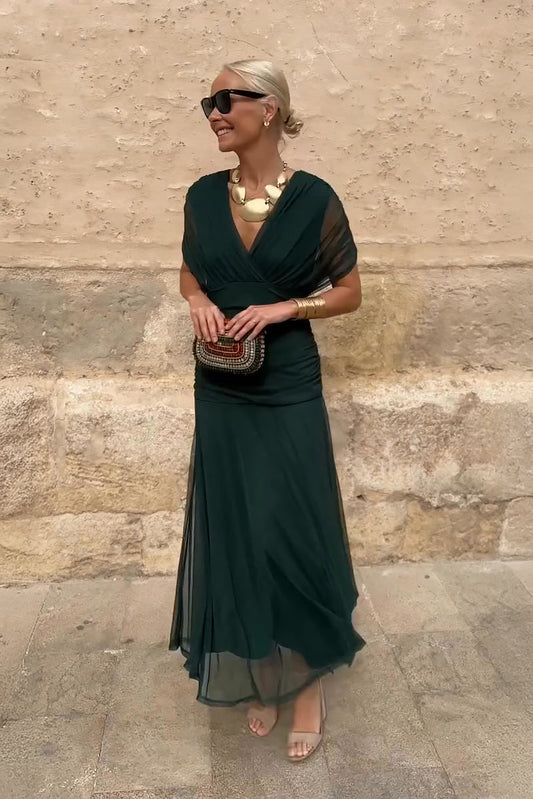 Veyla – Escote en V de punto, vestido maxi Verde Oscuro