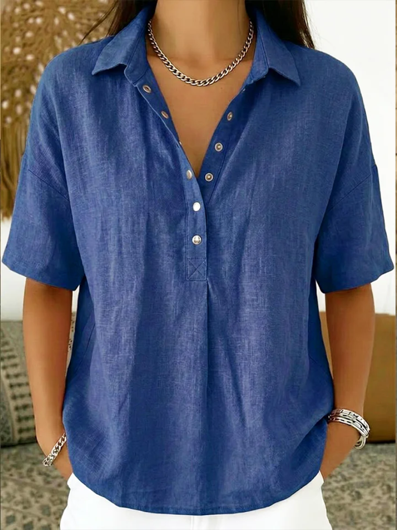 Kelora – Cuello y escote en V de mezcla de algodón, blusa