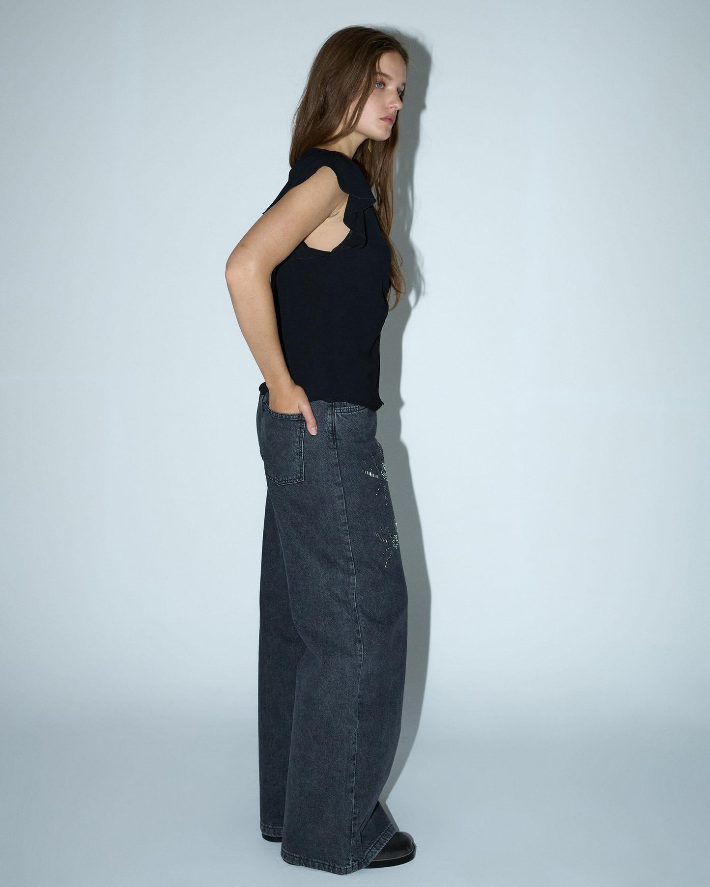 Blusa Manga Corta Frunce Negro