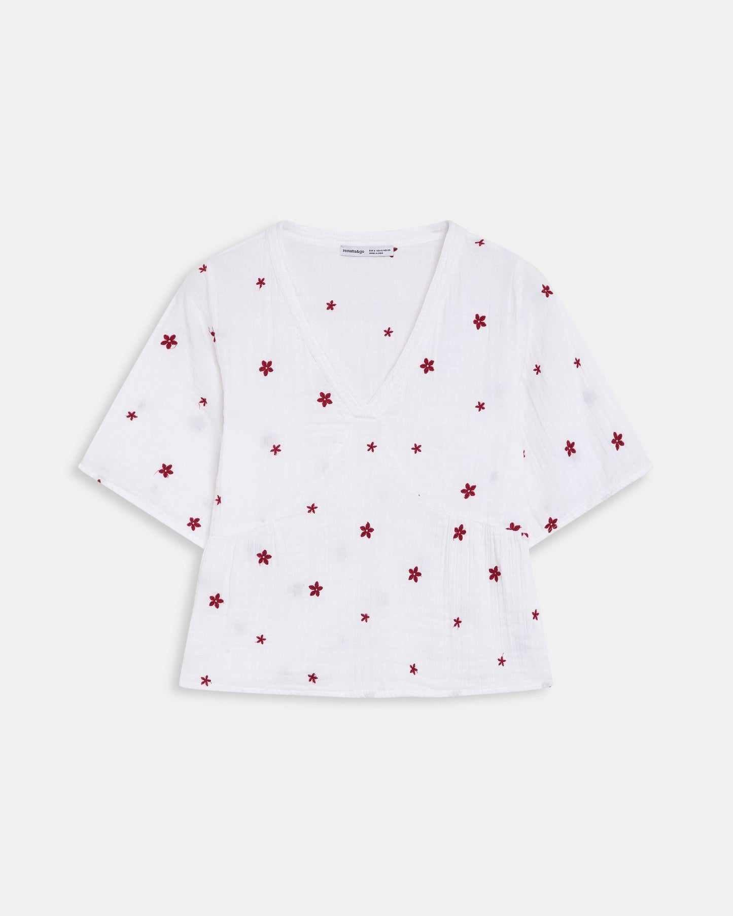 Blusa Escote Pico Bordados Florales Blanca