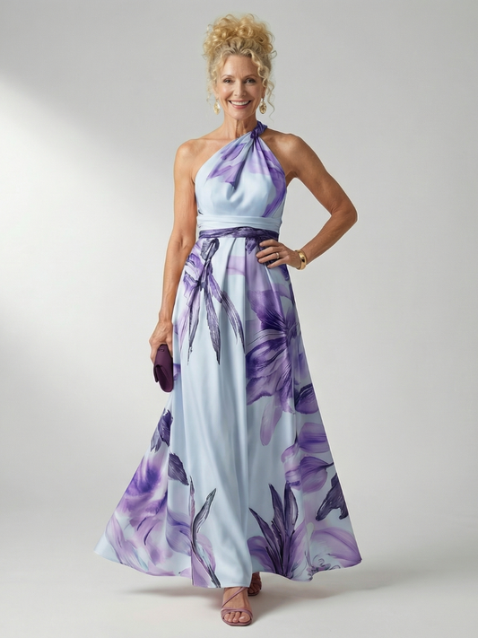 Mevara – Cuello halter en estampado floral, vestido maxi Púrpura