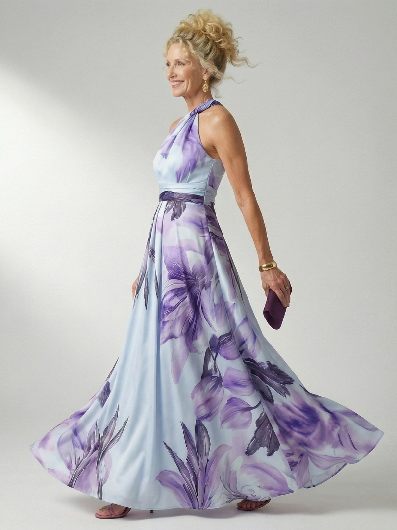 Mevara – Cuello halter en estampado floral, vestido maxi