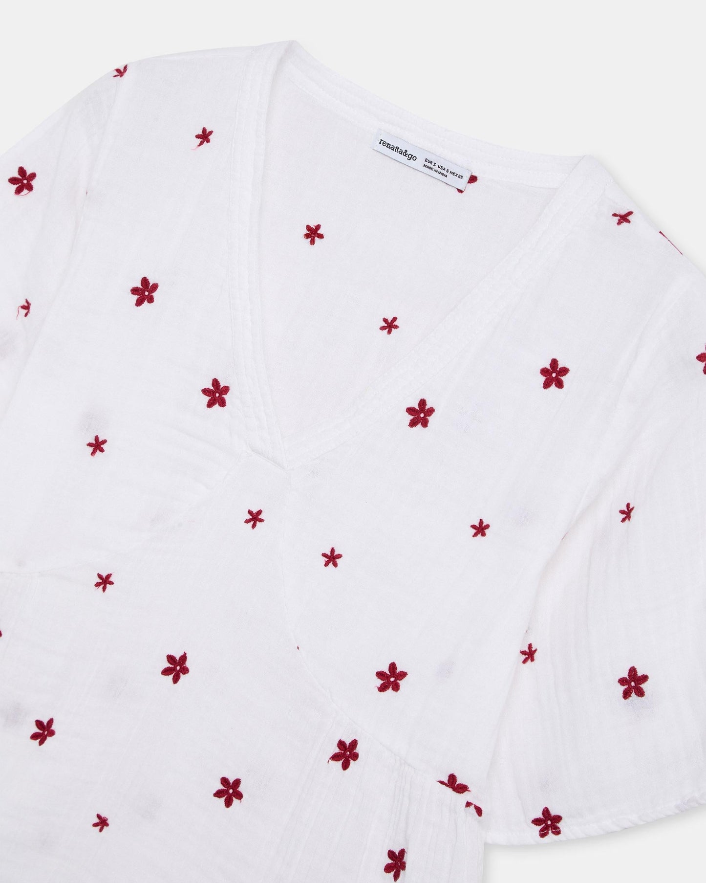 Blusa Escote Pico Bordados Florales Blanca