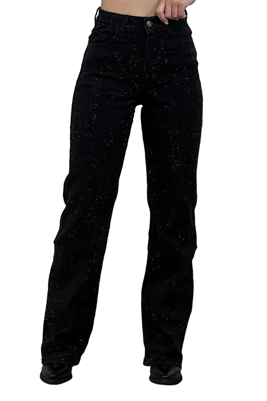 Vaqueros elásticos con pierna ancha y purpurina - Negro