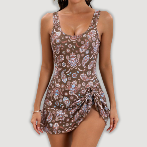 Calira – Con falda y lazo lateral, de punto elástico, traje de baño Marrón