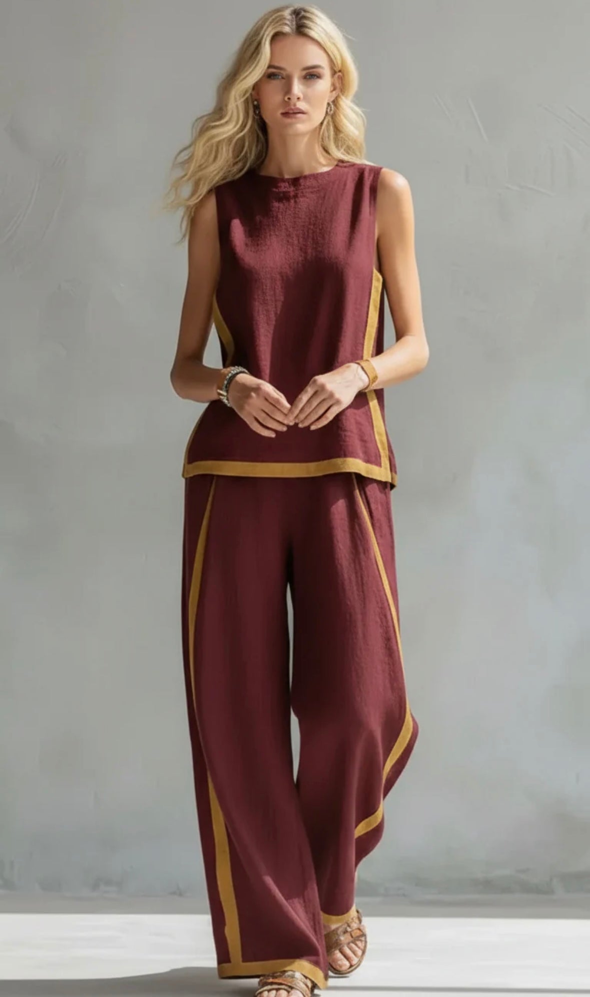 Arenia – Ribete en contraste en lino y algodón, conjunto de chaleco y pantalones