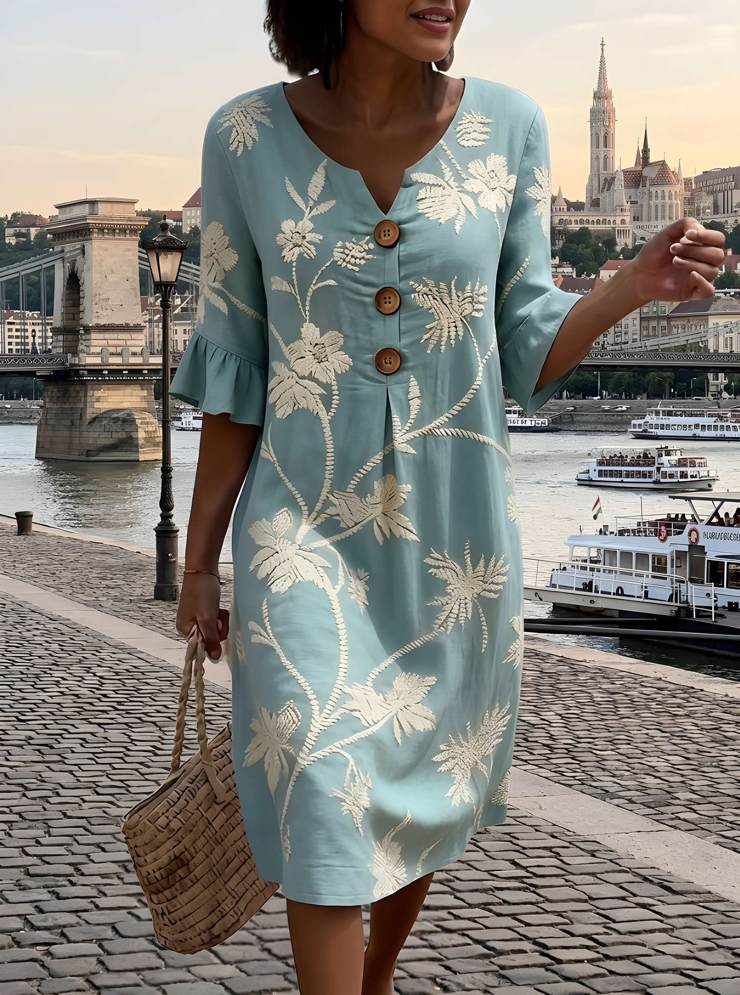 Nyvara – Estampado floral con botones al frente, vestido