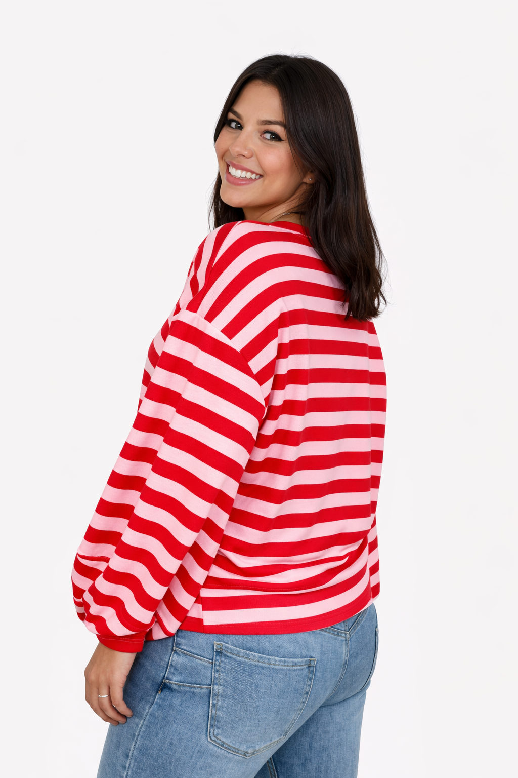 Jersey de manga abullonada a rayas Talla Único (36-44) Rojo Rosa claro