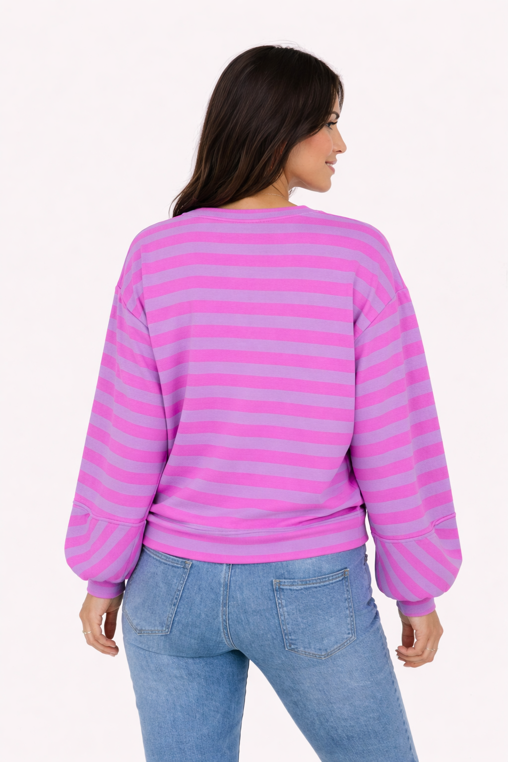 Jersey de manga abullonada a rayas Talla Único (36-44) Lila Rosa