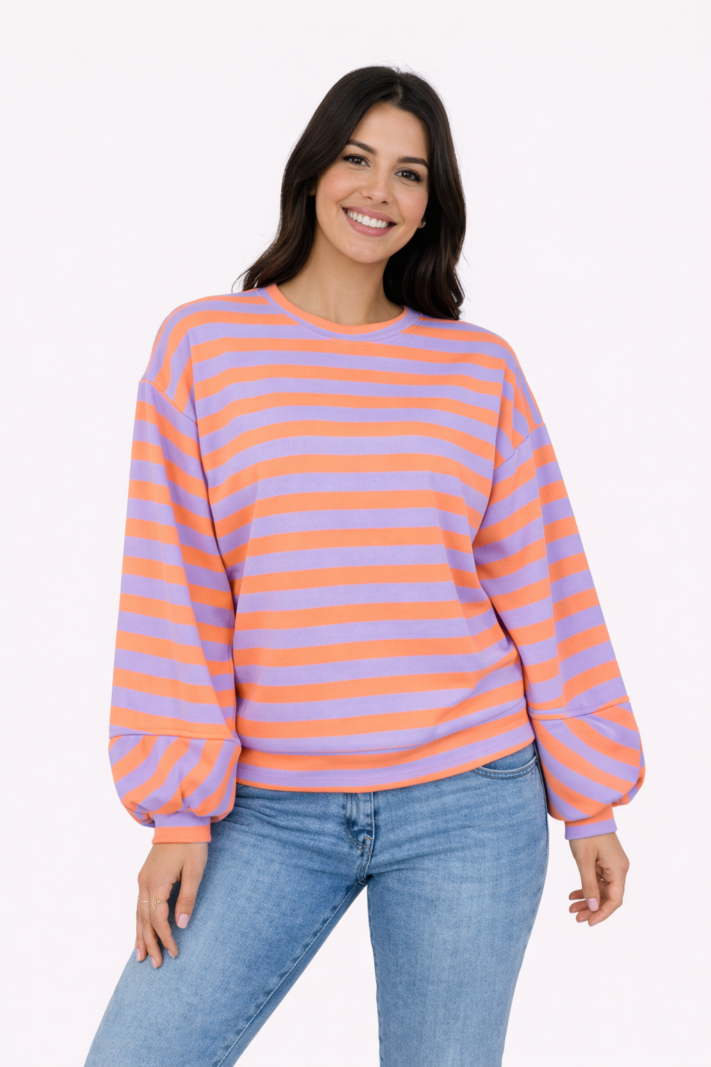 Jersey de manga abullonada a rayas Talla Único (36-44) Lila Naranja