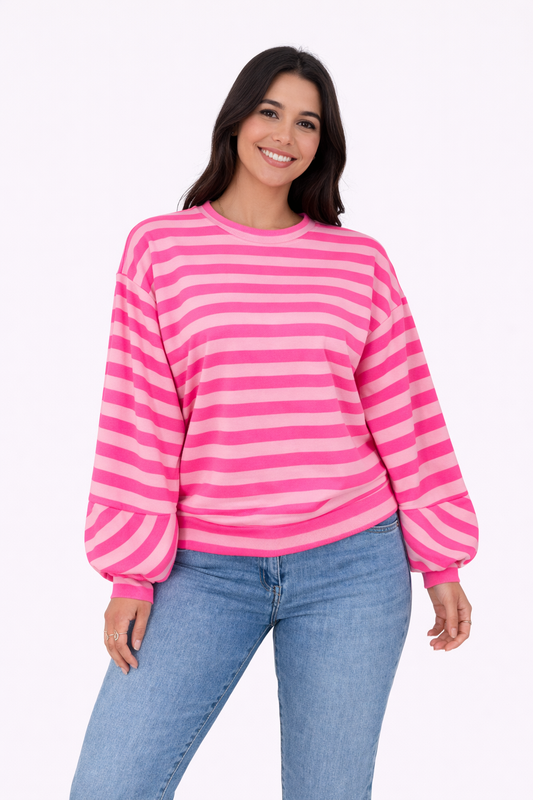 Jersey de manga abullonada a rayas Talla Único (36-44) Fucsia Rosa